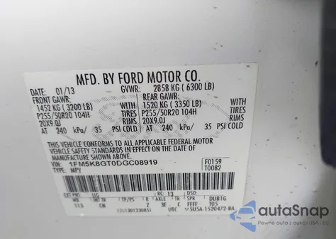 2013 Ford Explorer Sport из США, поврежденный, VIN 1FM5K8GT0DGC08919